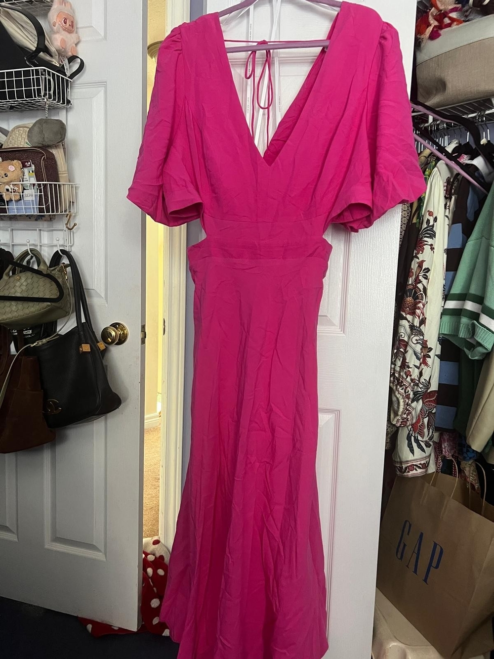 Everlane Hot Pink V-Neck Puff Sleeve Maxi Dress